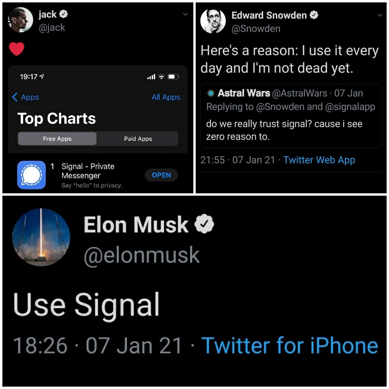 Screenshots of Tweets from Elon Musk, Jack Dorsey and Edward Snowden recommending to use Signal text messenger.