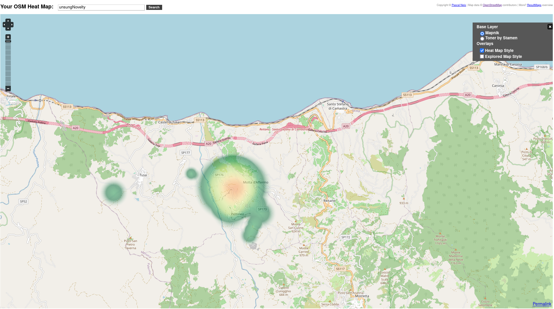 Screenshot of my edits on Pettineo in openstreetmap.org