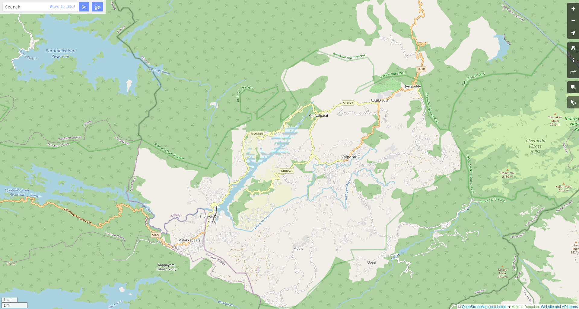Screenshot of Valparai in openstreetmap.org