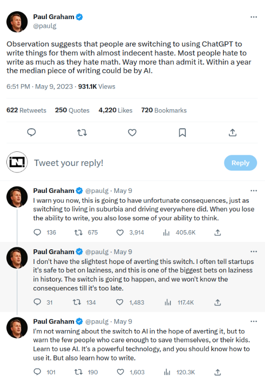 Paul Graham's tweet on AI assisted writing