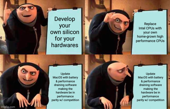 Meme about apple's liquid glass and the performance hit to the software despite Apple Silicon being super powerful.